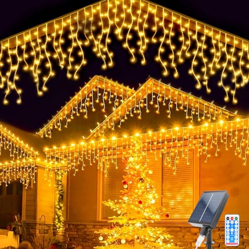 Solar Lichterkette Aussen, 8M Wasserdichte Vorhang Lichter 8 Modes 264 LEDs Eisregen Lichterkette 44 Pcs String Lichter mit Fernbedienung für Garten Hochzeit Party Hausdach Weihnachtsdekoration von TIANHOO