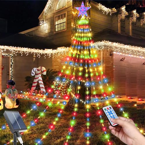 TIANHOO Solar Lichterkette Aussen, Weihnachtsbaum Außenlichter 2M 9 Stränge 198 LED Lichterkette Weihnachtsbaum mit Topper Stern 8 Modi Wasserdichte Lichterkette für Garten Hochzeitsdekoration von TIANHOO