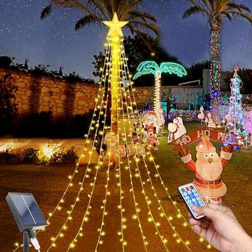 TIANHOO Solar Lichterkette Aussen, Weihnachtsbaum Außenlichter 2M 9 Stränge 198 LED Lichterkette Weihnachtsbaum mit Topper Stern 8 Modi Wasserdichte Lichterkette für Garten Hochzeitsdekoration von TIANHOO