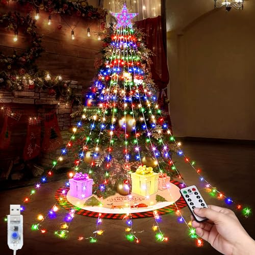 TIANHOO Weihnachtsbaum Lichterkette,USB Wasserfall Lichterkette 9 Stränge 2M 198 LEDs Lichterkette mit Topper Stern 8 Modi Wasserdichte Lichterkette mit Fernbedienung für Weihnachtsbaum Party Hof von TIANHOO