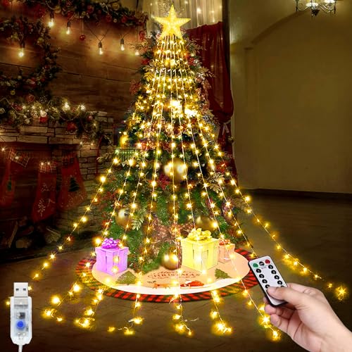 TIANHOO Weihnachtsbaum Lichterkette,USB Wasserfall Lichterkette 9 Stränge 2M 198 LEDs Lichterkette mit Topper Stern 8 Modi Wasserdichte Lichterkette mit Fernbedienung für Weihnachtsbaum Party Hof von TIANHOO