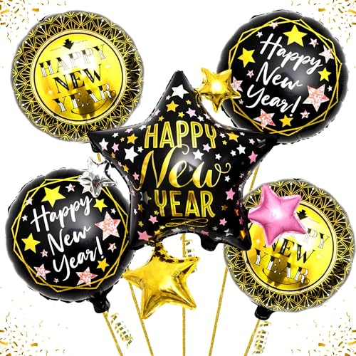 Silvester Ballons, 5pcs Folienballon Silvester, Deko Silvester 2025 Ballons, Happy New Year Balloons, Helium Ballon Silvester, Frohes Neues Jahr-Dekoration, Silvester-Dekorationsset(Gold) von TIANLUD