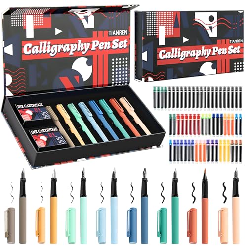 Kalligraphie-Stift-Set, Füllfederhalter mit 8 verschiedenen austauschbaren Federn mit 60 Tintenpatronen (12 Farben) zum Schreiben und Zeichnen, Kalligraphie-Sets für Anfänger Kinder und Erwachsene. von TIANREN