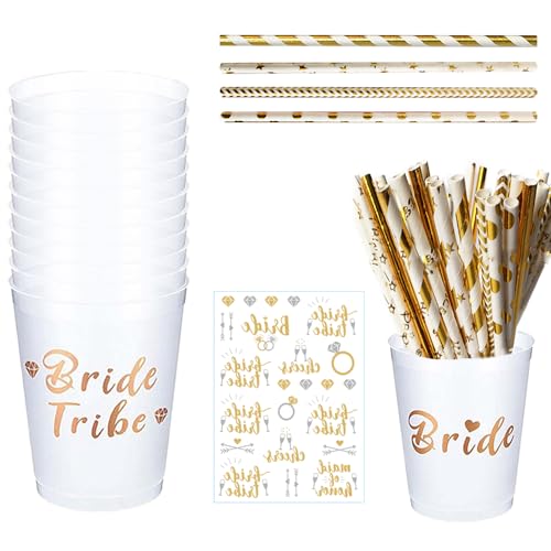 TICKLELY 25 Pcs Braut und Team Braut Tassen, JGA Becher Wiederverwendbar Bachelorette Party Cup mit Team Bride Sticker en 4 Modelle Rosagold Folie Team Bride Strohhalme, für Junggesellenabschied von TICKLELY