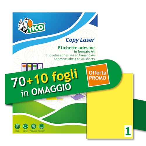 Tico Italia LP4FG-210297P Neon Gelb Klebeetiketten 70 + 10 extra Blatt rechteckig 210x297mm 1 Etikett pro Blatt permanent klebend Laser und Inkjet Drucker von TICO