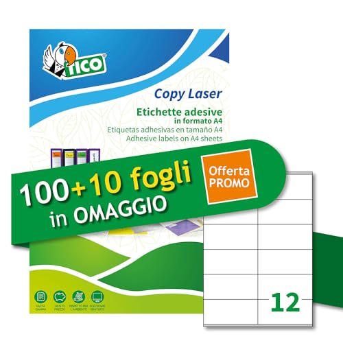 Tico Italia LP4W-10548P Mehrzweck-Etiketten, weiß, 100 + 10 extra Blatt, rechteckig, 105 x 48 mm, 12 Etiketten pro Blatt, permanent haftend, für Laser- und Tintenstrahldrucker von TICO