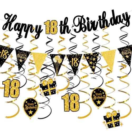 TIECHI Dekorationsset zum 18. Geburtstag, inklusive 12 hängenden Wirbel, Party-Luftschlangen, Happy 18th Birthday-Banner, Dreieck-Flagge, schwarz und gold, 18 Geburtstagsdekorationen für Jungen, von TIECHI