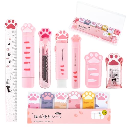 TIESOME 9 teiliges Schreibwaren Set mit niedlichen Katzenpfoten, Cartoon Kawaii Bleistiftspitzer einziehbarer Radiergummi Korrekturband Haftnotizen Lineal Mini Schere Allzweckschneider (Rosa) von TIESOME