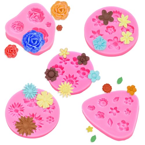 TIESOME Blume Silikonform, rosa Blume Fondant Kuchen Formen verschiedene Blumenformen Silikonformen Fondant Ton Form Blume Form DIY Dekorieren Werkzeug für Ton Seife Süßwaren Projekte(5) von TIESOME