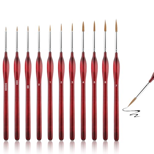 TIESOME Feine Detail Pinsel Set, 11pcs Perfekter Detail Pinsel, Pinselset Acrylfarben Miniatur Pinsel Zeichenpinsel Pinselset,für Nagelkunst Acryl Aquarell Ölgemälde Modellbau Strichmalerei (rot) von TIESOME