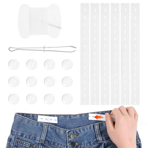 TIESOME Hosen-Taillenspanner, 6 PCS elastische verstellbare Bundverlängerer mit 12 Knöpfen Nadeln und Faden Gürtel Einfädeln Werkzeug weiß Polyester Legierung Kinder Taille Versteller für Frauen Männe von TIESOME