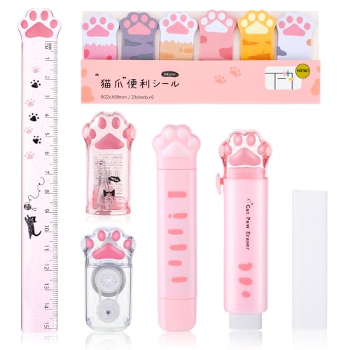 TIESOME Kawaii Katze Pfote Schreibwaren Set, niedliche Cartoon Anspitzer einziehbare Radiergummi Korrektur Band Klebezettel Lineal Radiergummi Ersatz Kern Schulbedarf für Katzenliebhaber Studenten von TIESOME