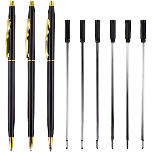 TIESOME Kugelschreiber, 3er Pack Slim Metallic Druckkugelschreiber mit 6 Extra-Minen, schwarze Tinte Kugelschreiber 0,5 mm Business Büro Studenten Lehrer Hochzeit Weihnachten (Schwarz) von TIESOME