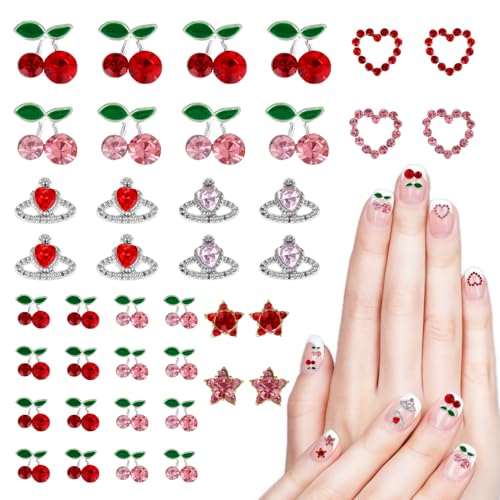 TIESOME 40 Stück Strasssteine Nagel Charms, Kirsch Nagelkunst Edelsteine glänzende Nagelschmuck Dekorationen Nagel Deko Charms Nägel Diamant Nagel Ornament Acryl Nagel Zubehör von TIESOME