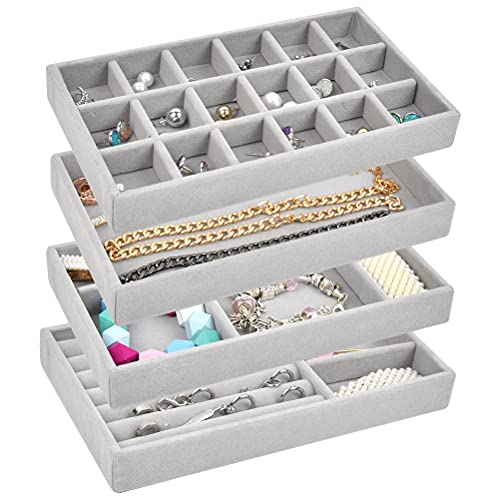 TIMESETL 4Stück Schmuck Organizer Schmucktablett Stapelbare Schmuckschatulle Schmuckkasten aus Lint, Schmuckeinsatz Vitrine Schmuck Display Aufbewahrung für Ohrringe Halskette Armband Ringe von TIMESETL