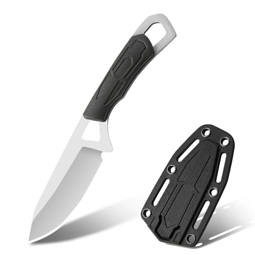 TIMKOSS Neck Knife Messer mit Scheide, Survival Outdoormesser Full Tang Jagdmesser, Überlebensmesser für Camping, Angeln EDC Taschenmesser, Scharfes feststehende Einhandmesser (Schwarz) von TIMKOSS