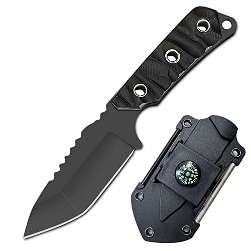 TIMKOSS Outdoor Survival Messer Gürtelmesser mit Kydex Holster Scheide, Camping Halsmesser, Überlebensmesser aus einem stück 440C Stahl gefertigt (Schwarz) von TIMKOSS