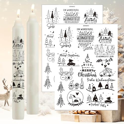 TINDIN 2 Stück Kerzentattoos Weihnachten Rub On Sticker Wasserschiebefolie Weihnachtsdeko Kerzen Aufkleber Weihnachten Christmas Decorations Kerzen Sticker Weihnachten Kerzenfolie Kerzenaufkleber von TINDIN