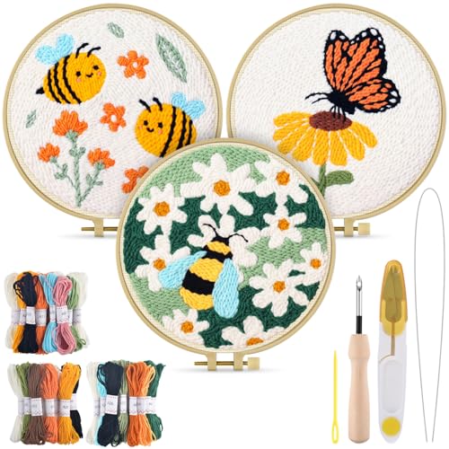 TINDTOP 3 Sets Stanznadel-Stickerei-Kits, Blumen Stanznadel-Kits für Erwachsene Anfänger, Werkzeug mit Stanznadelstoff, Reifen, Garnen und Nähnadeln von TINDTOP