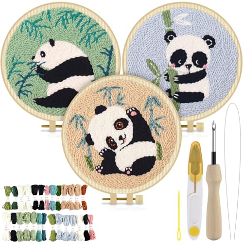 TINDTOP 3 Sets Stanznadel-Stickerei-Kits, Panda-Panznadel-Kits für Erwachsene Anfänger, Werkzeug mit Stanznadelstoff, Reifen, Garnen und Nähnadeln von TINDTOP