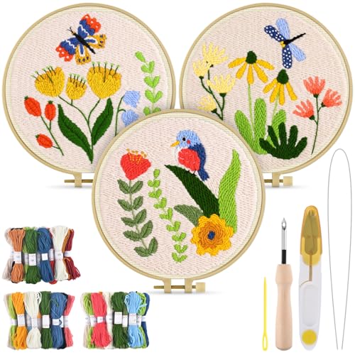 TINDTOP Punch Needle Embroidery Kits, 3 Sets Flowers Punch Needle Kits for Adults Beginner, Tool with Punch Needle Fabric, Hoops, Yarns and Sewing Needles von TINDTOP