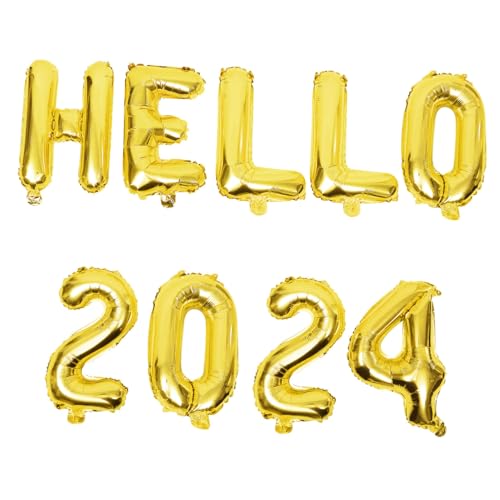 TINEASUR 1 Set Hello 2024 Luftballons Neujahrsfeier Dekoration Set Goldene Zahlenballons Für Silvester Party Festliche Ballon Dekorationen Für 2024 von TINEASUR