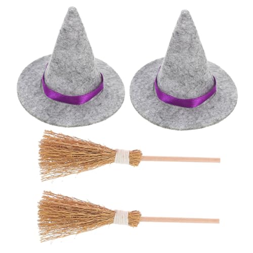 TINEASUR 2 Sätze Halloween-hexenhut Mini Schwarze Hexenhüte Hexenbesenstiel Requisite Hexenhüte Weinflaschenhüllen Mini-puppen-hut Halloween-zaubererzubehör Puppenhüte Grey Miscanthus von TINEASUR