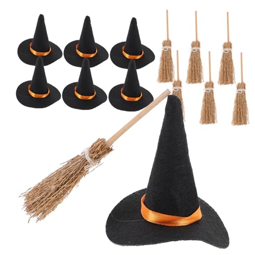 TINEASUR Miniatur-Hexenhut-Besen-Set 14-teiliges Hut-Set zum Basteln von Hexendekorationen Hexenbesen für Halloween von TINEASUR