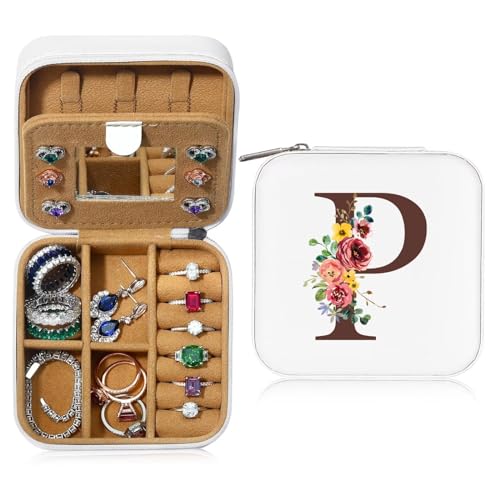 Kleine Schmuckschatulle mit Anfangsbuchstaben P und Blume Initiale Schmuckkästchen Travel Organizer Box Geschenke für Damen Mädchen Geschenke für Weihnachten Geburtstage Hochzeit Brautjungfer von TINGN