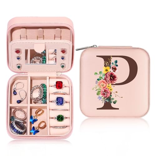 Kleine Schmuckschatulle mit Anfangsbuchstaben P und Blume Initiale Schmuckkästchen Travel Organizer Box Geschenke für Damen Mädchen Geschenke für Weihnachten Geburtstage Hochzeit Brautjungfer von TINGN