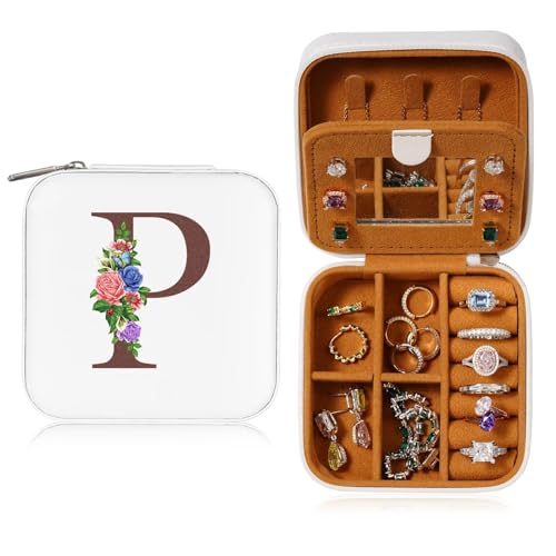 TINGN Geschenk für Frauen - Kleine Schmuckschatulle mit Anfangsbuchstaben P und Blume Initiale Schmuckkästchen Travel Organizer Box Geschenke für Damen Mädchen Geschenke für Weihnachten Geburtstage von TINGN