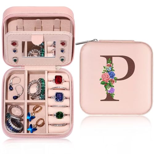 TINGN Geschenk für Frauen - Kleine Schmuckschatulle mit Anfangsbuchstaben P und Blume Initiale Schmuckkästchen Travel Organizer Box Geschenke für Damen Mädchen Geschenke für Weihnachten Geburtstage von TINGN