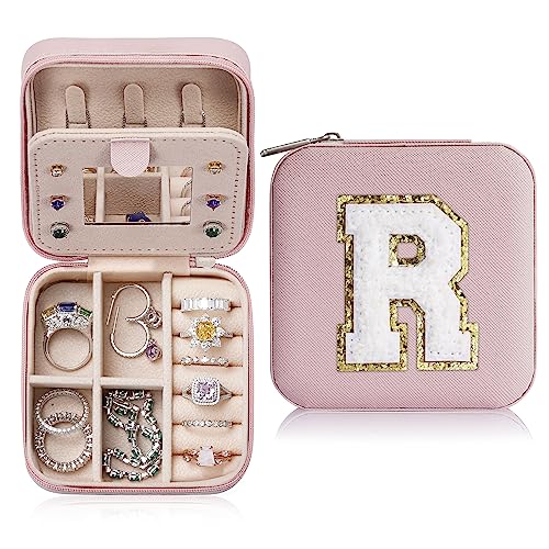 TINGN Klein Schmuckschatulle Mädchen, Reise Buchstaben Schmuckschatulle Mädchen | Klein Schmuck Organizer Box | Reise Schmuckkästchen Mädchen | Klein Reise Schmuckschatulle Buchstaben R Rosa von TINGN