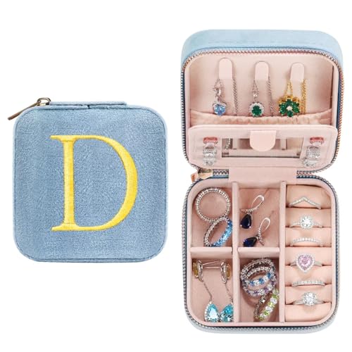 TINGN Kleine Schmuckschatulle mit Anfangsbuchstaben D und Blume Initiale Schmuckkästchen Travel Organizer Box Geschenke für Damen Mädchen Geschenke für Weihnachten Geburtstage Hochzeit Brautjungfer von TINGN