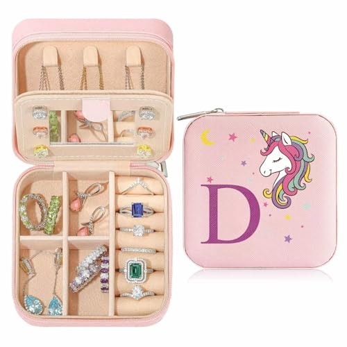 TINGN Kleine Schmuckschatulle mit Anfangsbuchstaben D und Blume Initiale Schmuckkästchen Travel Organizer Box Geschenke für Damen Mädchen Geschenke für Weihnachten Geburtstage Hochzeit Brautjungfer von TINGN