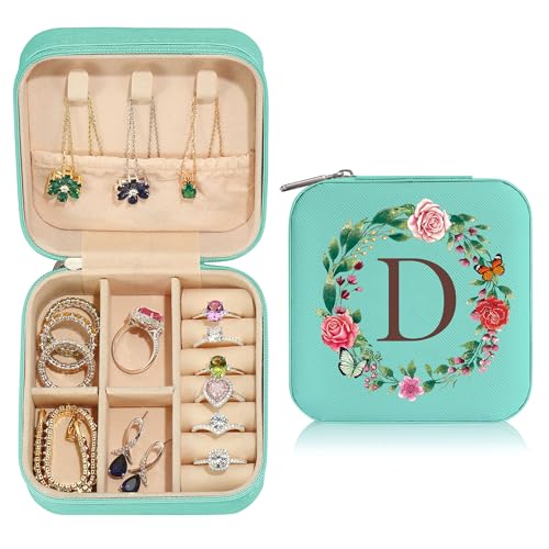 TINGN Kleine Schmuckschatulle mit Anfangsbuchstaben D und Blume Initiale Schmuckkästchen Travel Organizer Box Geschenke für Damen Mädchen Geschenke für Weihnachten Geburtstage Hochzeit Brautjungfer von TINGN