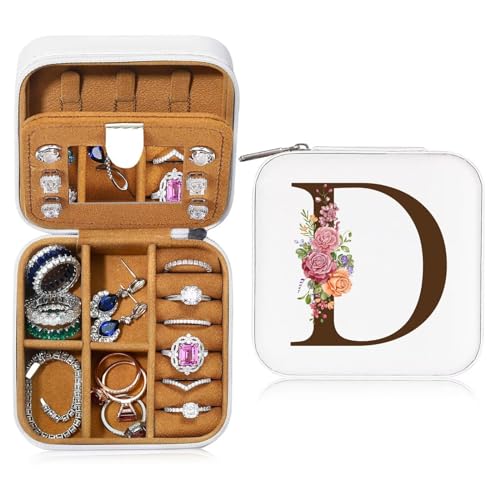 TINGN Kleine Schmuckschatulle mit Anfangsbuchstaben D und Blume Initiale Schmuckkästchen Travel Organizer Box Geschenke für Damen Mädchen Geschenke für Weihnachten Geburtstage Hochzeit Brautjungfer von TINGN