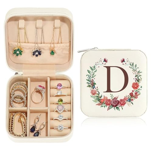 TINGN Kleine Schmuckschatulle mit Anfangsbuchstaben D und Blume Initiale Schmuckkästchen Travel Organizer Box Geschenke für Damen Mädchen Geschenke für Weihnachten Geburtstage Hochzeit Brautjungfer von TINGN