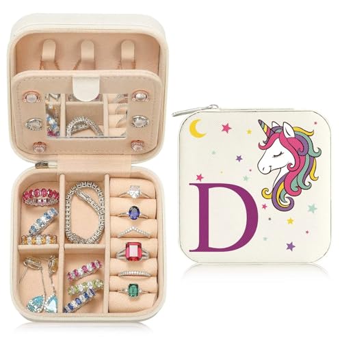 TINGN Kleine Schmuckschatulle mit Anfangsbuchstaben D und Einhorn Initiale Schmuckkästchen Travel Organizer Box Geschenke für Damen Mädchen Geschenke für Weihnachten Geburtstage Hochzeit Brautjungfer von TINGN