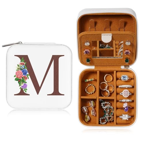 TINGN Kleine Schmuckschatulle mit Anfangsbuchstaben M und Blume Initiale Schmuckkästchen Travel Organizer Box Geschenke für Damen Mädchen Geschenke für Weihnachten Geburtstage Hochzeit Brautjungfer von TINGN