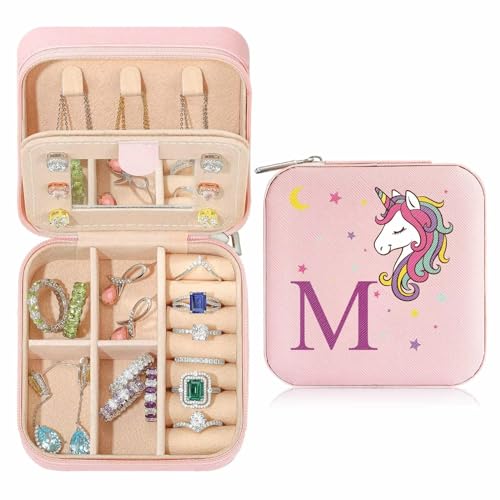 TINGN Kleine Schmuckschatulle mit Anfangsbuchstaben M und Blume Initiale Schmuckkästchen Travel Organizer Box Geschenke für Damen Mädchen Geschenke für Weihnachten Geburtstage Hochzeit Brautjungfer von TINGN