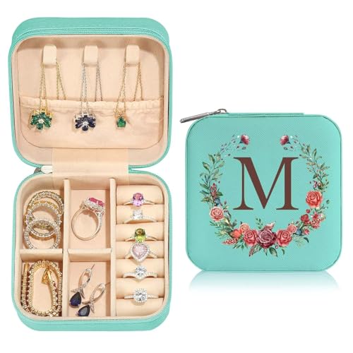 TINGN Kleine Schmuckschatulle mit Anfangsbuchstaben M und Blume Initiale Schmuckkästchen Travel Organizer Box Geschenke für Damen Mädchen Geschenke für Weihnachten Geburtstage Hochzeit Brautjungfer von TINGN