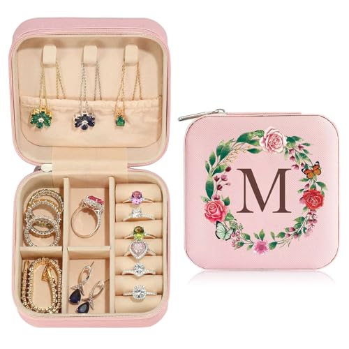 TINGN Kleine Schmuckschatulle mit Anfangsbuchstaben M und Blume Initiale Schmuckkästchen Travel Organizer Box Geschenke für Damen Mädchen Geschenke für Weihnachten Geburtstage Hochzeit Brautjungfer von TINGN