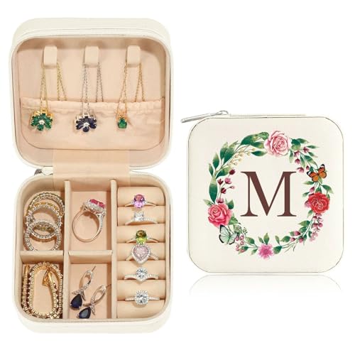 TINGN Kleine Schmuckschatulle mit Anfangsbuchstaben M und Blume Initiale Schmuckkästchen Travel Organizer Box Geschenke für Damen Mädchen Geschenke für Weihnachten Geburtstage Hochzeit Brautjungfer von TINGN