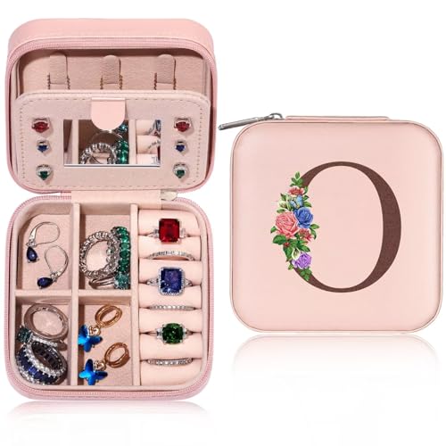 TINGN Kleine Schmuckschatulle mit Anfangsbuchstaben O und Blume Initiale Schmuckkästchen Travel Organizer Box Geschenke für Damen Mädchen Geschenke für Weihnachten Geburtstage Hochzeit Brautjungfer von TINGN