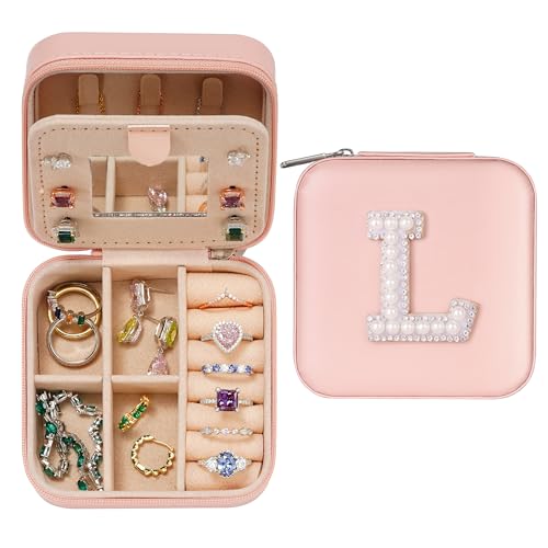 TINGN Reise Schmuckkästchen Mädchen - Schmuckkästchen mit Buchstabene L Schmuckschatulle Klein Geschenke für Teenager Mädchen Schmuckkästen Geburtstagsgeschenke für Mädchen Schmuck Organizer - Rosa von TINGN