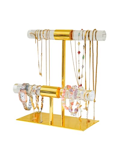 TINGSING Halsketten-Halter, Organizer, 2-stöckig, T-förmig, Schmuckständer, transparentes Acryl, Uhrenarmband, Präsentationsständer mit Metallsockel für Show-Schmuck, hängende Anhänger, Ohrringe, von TINGSING