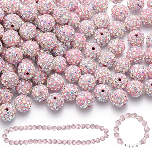 120 Stück 10 mm Strass-Perlen zum Basteln, rosa AB-glänzende runde Shamballa-Discokugel-Perlen, ausgefallene funkelnde Kristall-Ton-Perlen für Halsketten, Armbänder, Ohrringe, Schmuckherstellung und von TINKRSTUFF