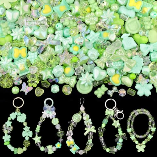 170–230 Stück grüne Acrylperlen für Armbandherstellung, Sterne, Blume, Schleife, Schmetterling, Süßigkeiten, Herz, Gummibärchen, Kawaii-Armbandanhänger, niedliche Perlen für Schmuckherstellung, DIY, von TINKRSTUFF