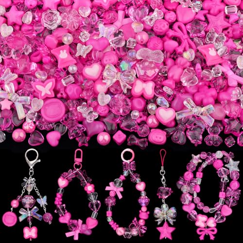 170–230 Stück rosafarbene Acrylperlen zur Herstellung von Armbändern, Blumen, Schleifen, Schmetterling, Süßigkeiten, Stern, Herzen, Gummibärchen, Kawaii-Armbandanhänger, niedliche Perlen für von TINKRSTUFF